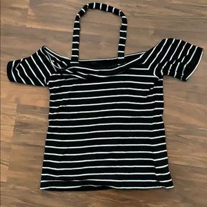 black and white striped off the shoulder crop top